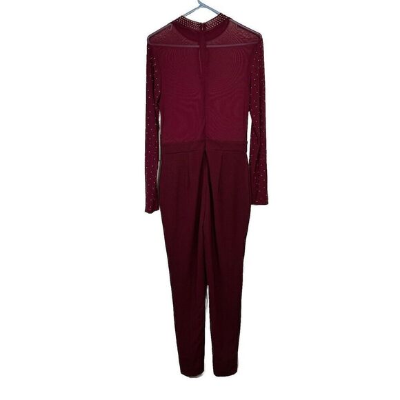 Iris‎ Burgundy Illusion Mesh Silver Studs Bodycon Sz M Hi Neck Jumpsuit NWT - Picture 2 of 14